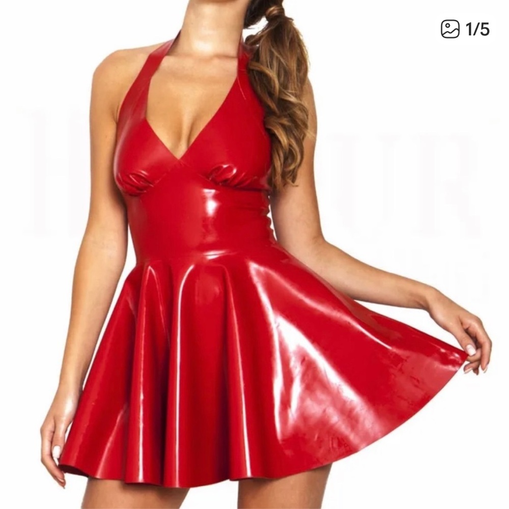 Faux Latex Red Halter Dress
